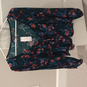 American Eagle Outfitters Floral Blouse - Dark Green and Red